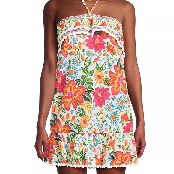 Farm Rio Bloom Garden Cotton Halter Minidress - NWT - Picture 1 of 5
